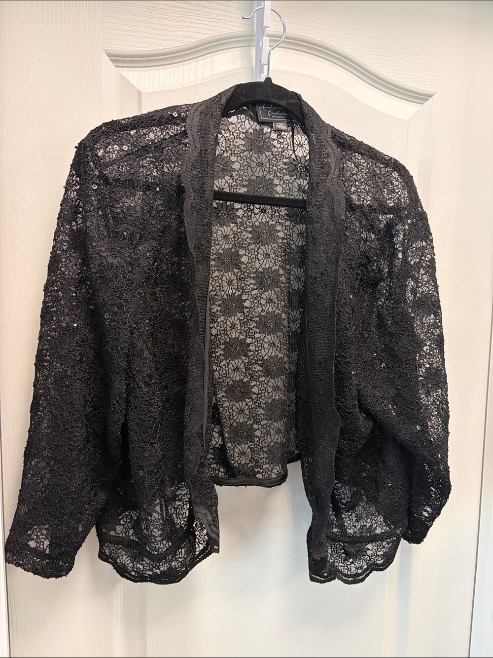 dressbarn Black Sheer Lace Open-Front Cardigan